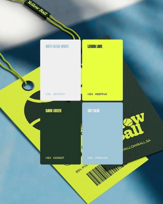 YellowBall brand color palette: Anti-Flesh White, Lemon Lime, Dark Green, Sky Blue cards