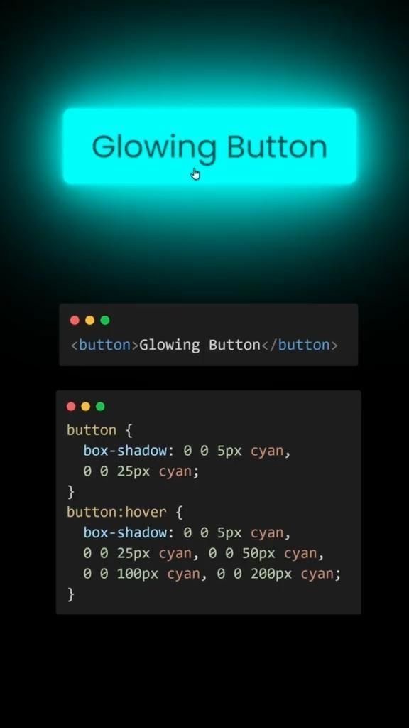 CSS code for a neon glow button — Glowing Button with cyan box-shadow