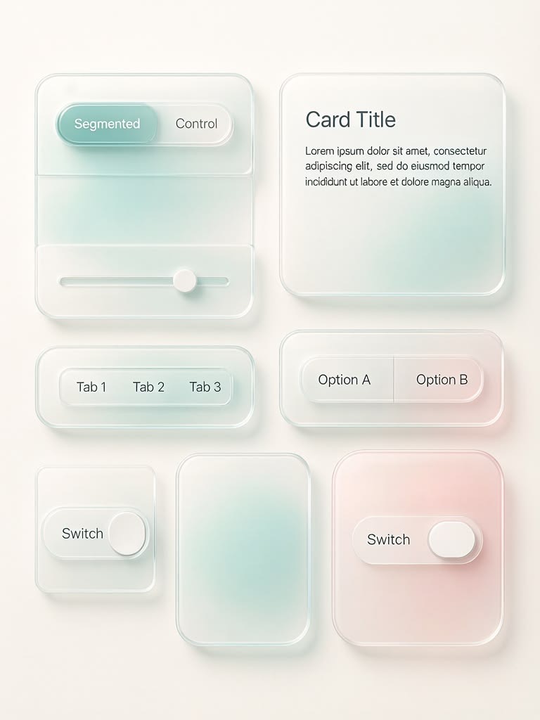 Glassmorphism UI kit: transparent cards, tabs, sliders and toggles on a gradient background