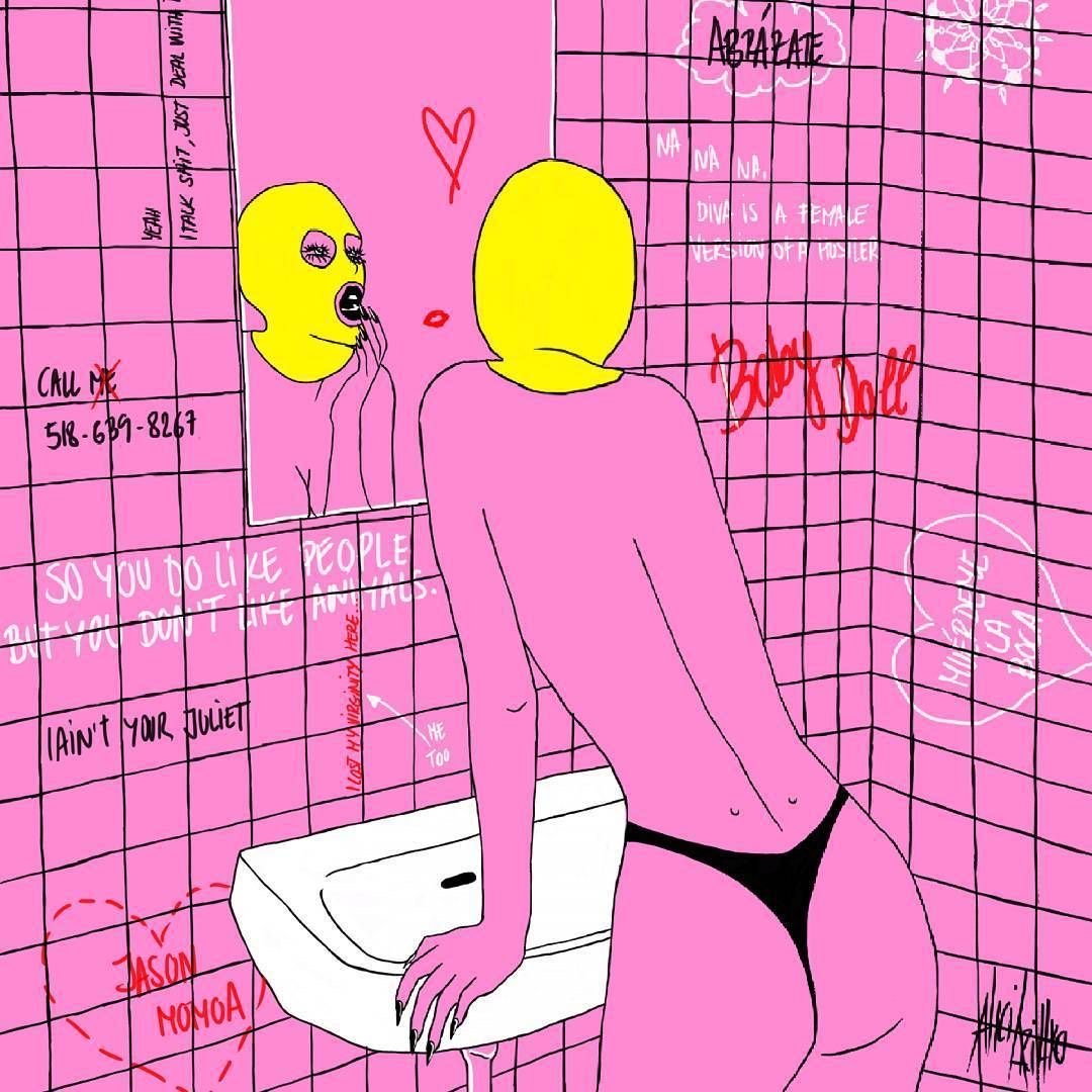 Pop-art illustration: pink figure with graffiti on a tiled wall