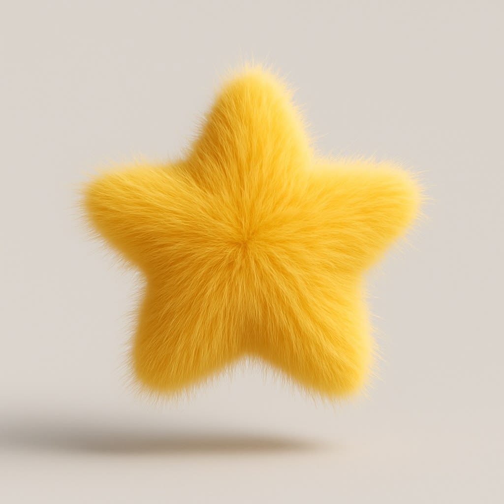 3D render of a fluffy yellow star on a neutral gray background