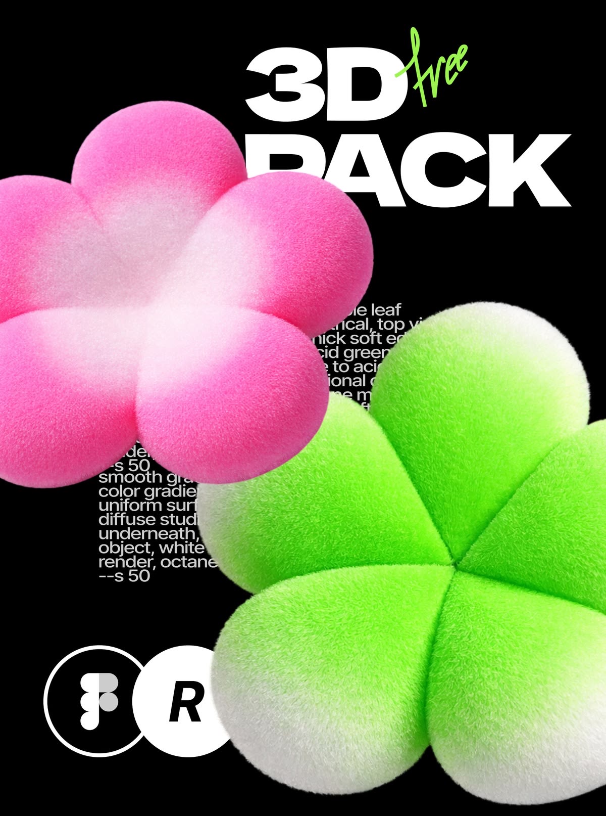 3D Pack: fluffy flower objects in pink and lime — 3D renders for Figma and Canva