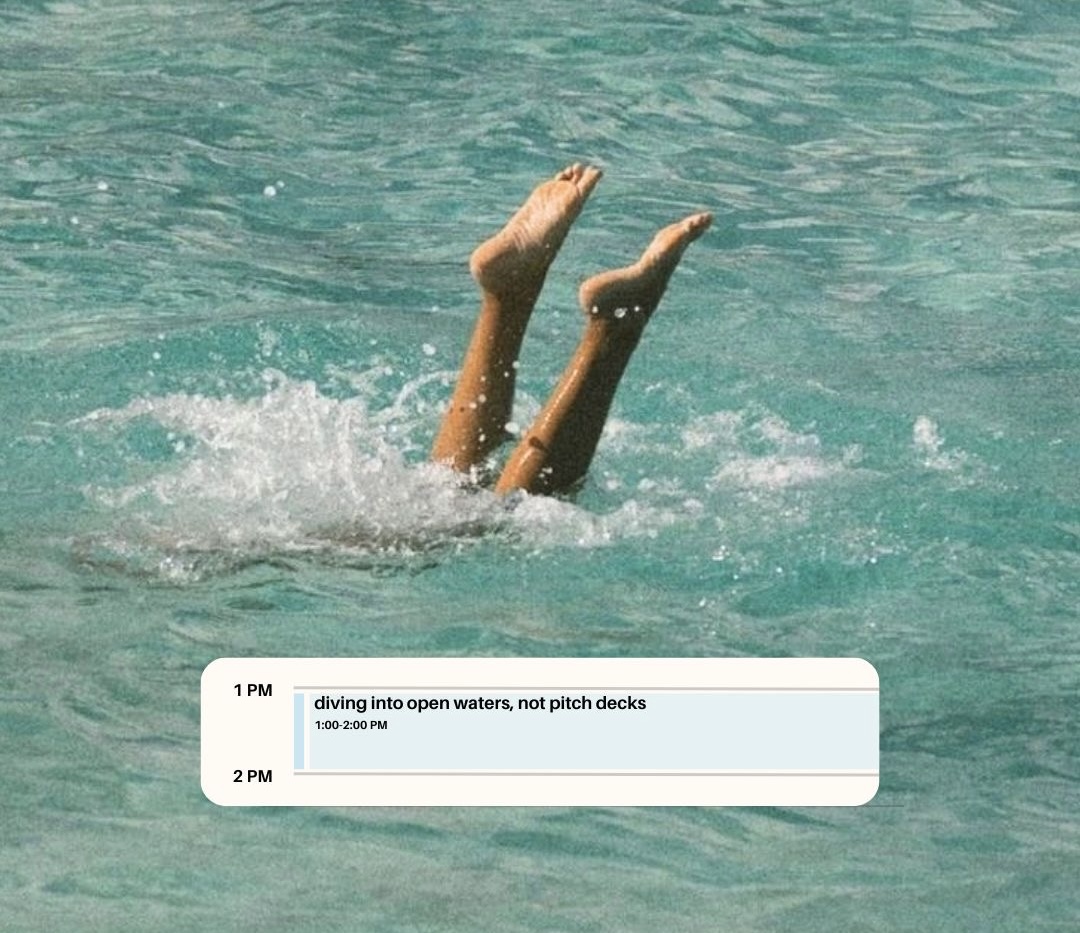 Collage: diving into open waters, not pitch decks — feet diving into water and a calendar block
