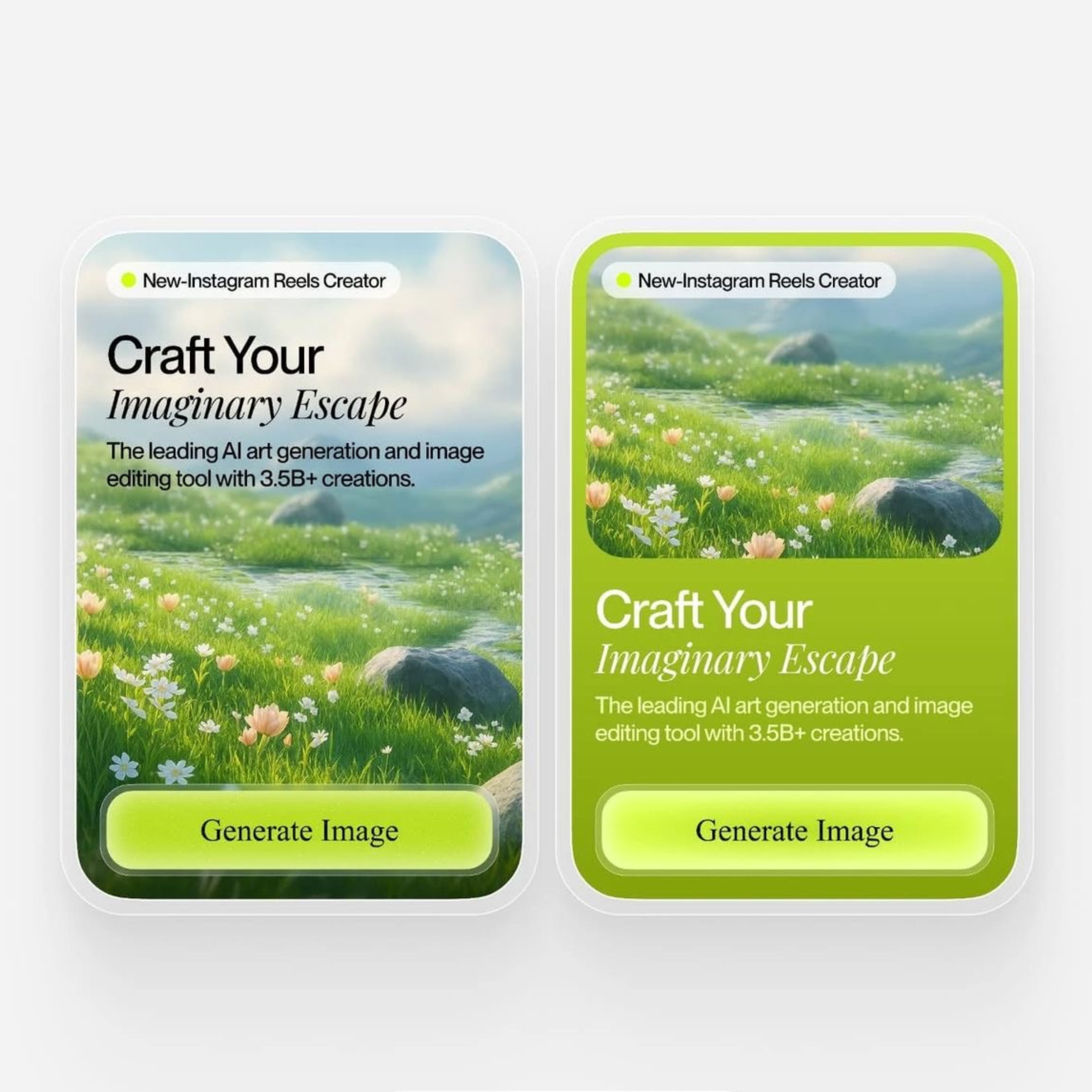 Mobile AI image-generation app UI: two color scheme variants for a card