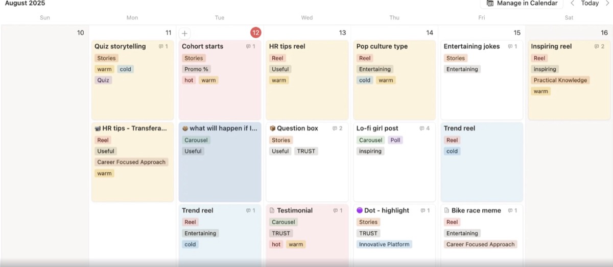 Instagram content calendar example, August 2025