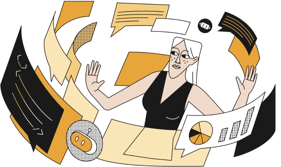 Illustration of a strategist juggling content, charts and ideas